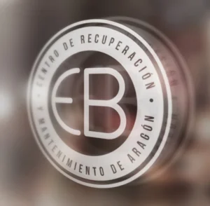 Logotipo del centro de fisioterapia en Zaragoza de CRMA Emilio Biel vinilado en cristal